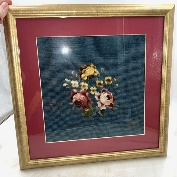 VTG Framed Floral Needlepoint Gold Frame Burgundy Matting Blue Backing 17x17